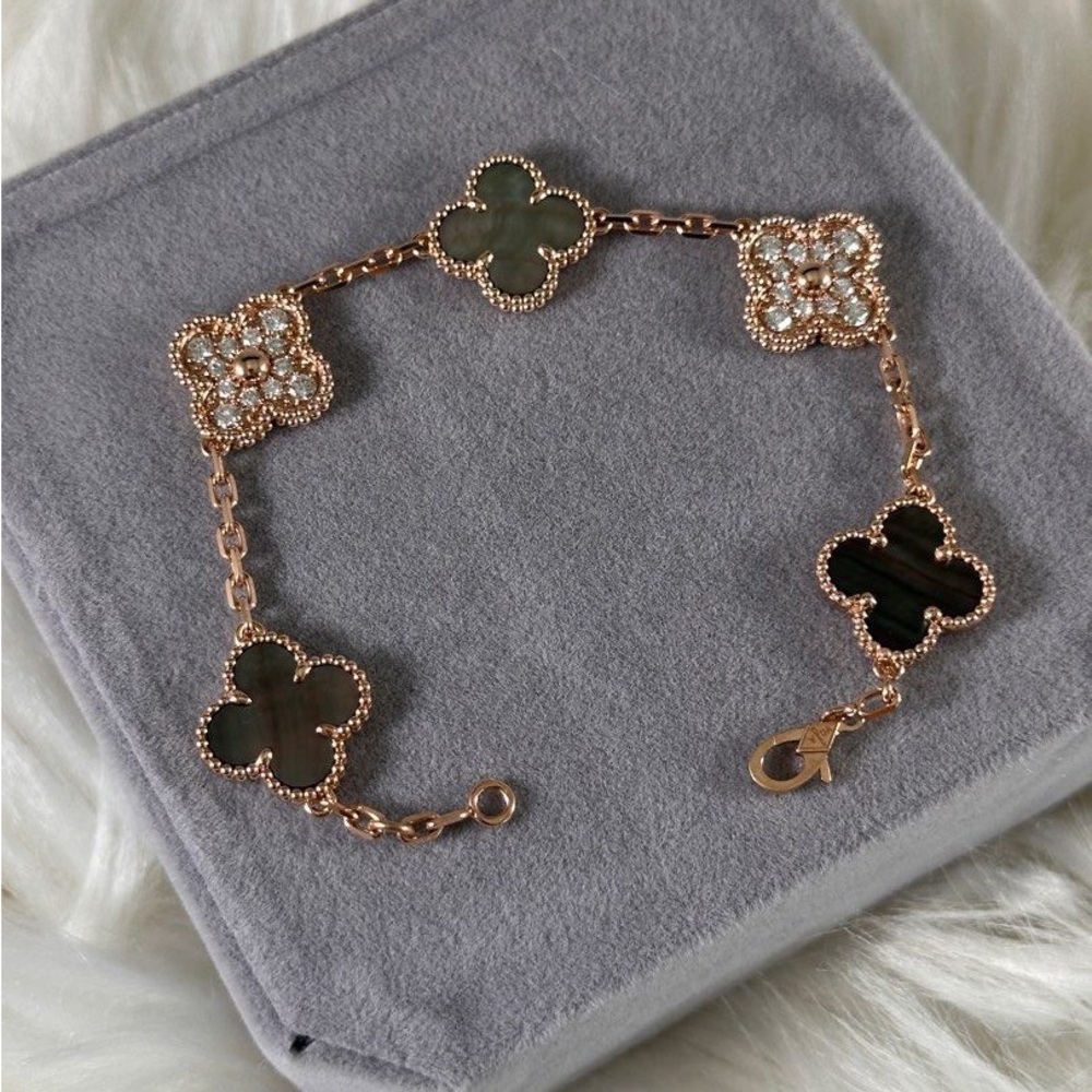 Rose Gold Gray Mother of Pearl 5 Motifs Vintage Alhambra Inspired Bracelet